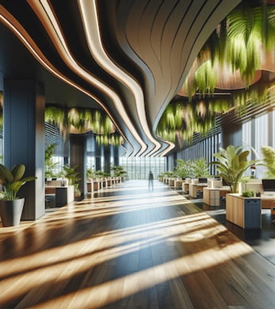 Modern office space with curved architectural design, plant decorations, and abundant natural light.
