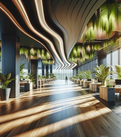 Modern office space with curved architectural design, plant decorations, and abundant natural light.