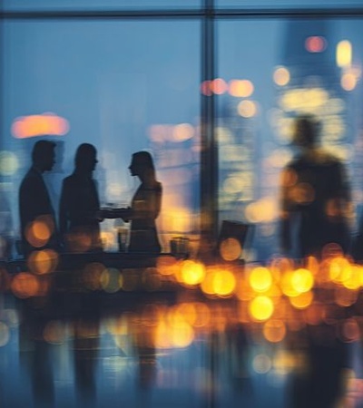 A silhouette of three people conversing against a backdrop of city lights.