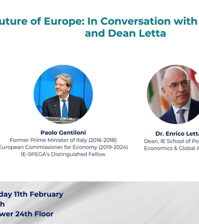 A promotional poster for a discussion featuring former Italian Prime Minister Paolo Gentiloni and Dean Enrico Letta at IE University.