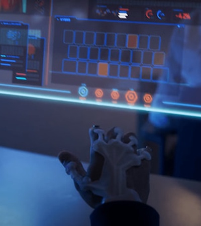 A robotic arm is interacting with a futuristic computer interface displaying various data panels in a dimly lit room.