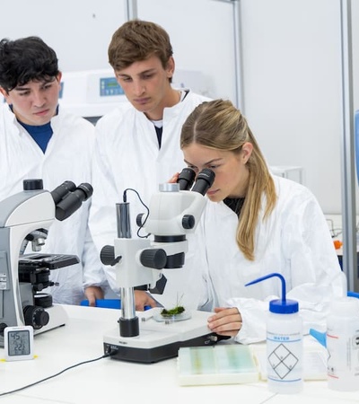 Three students are working in a laboratory, observing samples under a microscope.