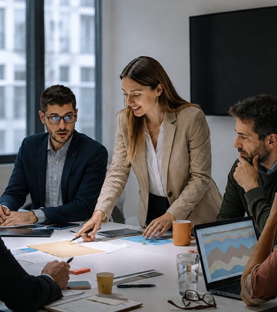 A diverse group of professionals engaged in a collaborative meeting around a table.