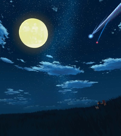 A vibrant night sky filled with stars and a large moon illuminating the landscape.