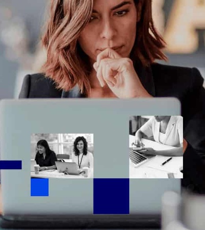 A woman is focused on her laptop, with overlapping images of colleagues working emphasizing a busy professional environment.