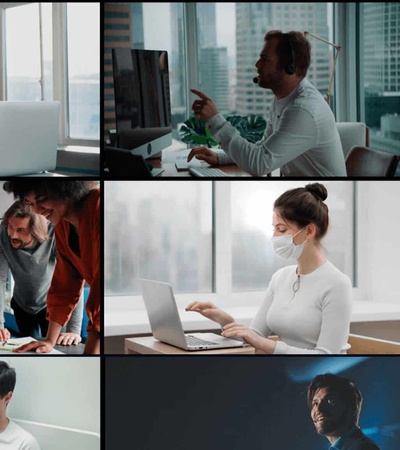 A collage of various professionals in office environments engaging in different activities such as discussing, working on computers, and brainstorming.