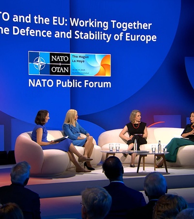 A panel discussion on NATO and the EU focusing on European defense and stability.
