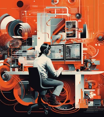 A stylized illustration of a man at a complex workstation surrounded by a swirl of mechanical and digital elements in a vivid orange and red color scheme.