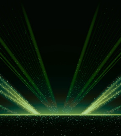 A digital art image depicting green laser lights emanating from a central horizon line in a dark space.