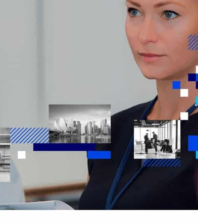 A collage of a woman in a business meeting overlaid with monochrome photos of urban scenes and male business professionals, punctuated by abstract blue shapes.