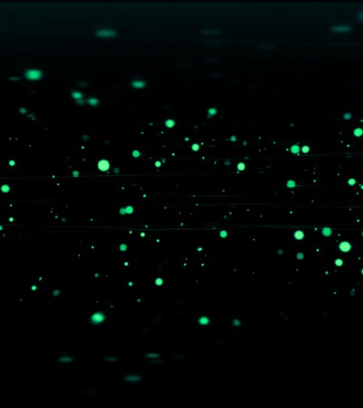 Abstract background with glowing green particles and lines on a dark backdrop.