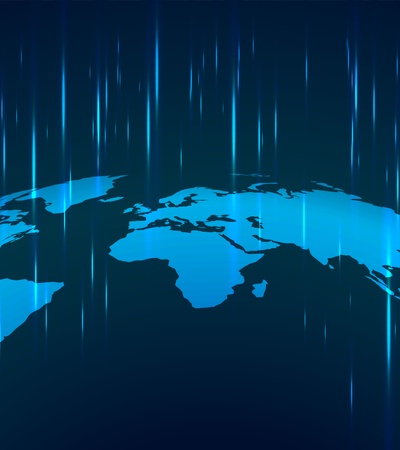 A digital blue world map with falling light rain effects symbolizing global connectivity or data flow.