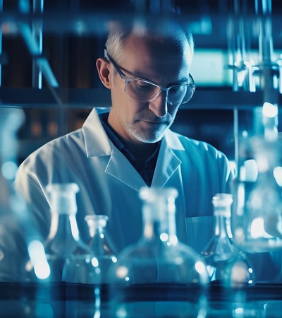 A scientist in a laboratory focuses on glassware under blue lighting.