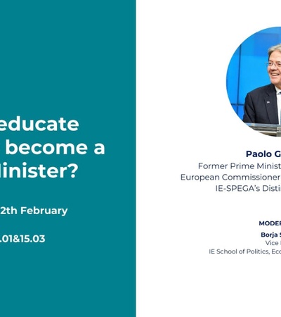 An event banner featuring Paolo Gentiloni discussing education for aspiring Prime Ministers.