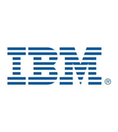 The image displays the IBM logo in blue with the letters 'IBM' striped horizontally.