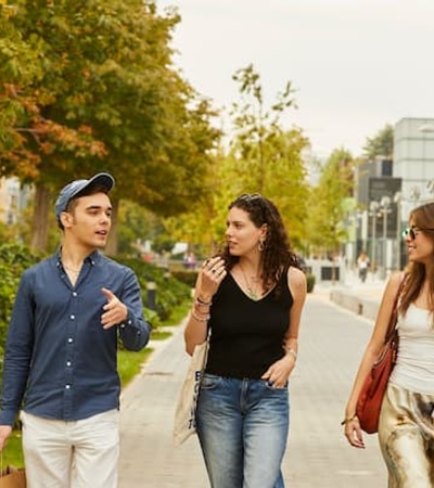 Three young adults walking and talking on a tree-lined urban street.