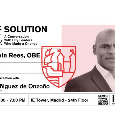 The image promotes an event featuring Lord Marvin Rees, discussing urban leadership and change.
