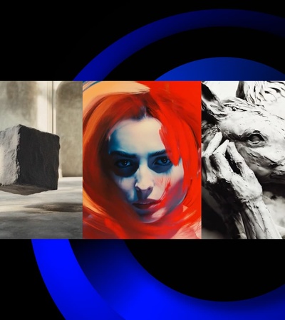 This image features three distinct artworks, including a floating cube, a portrait with red hair, and a detailed sculpture.