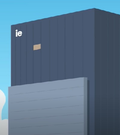 An illustration of oversized, stacked containers with an 'ie' logo, in a serene setting with airplanes flying past and clouds in the background.