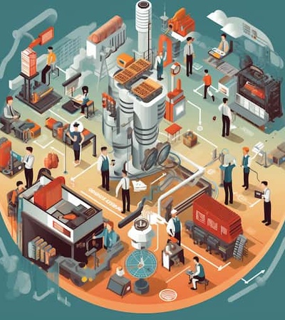 Illustration of an industrial factory ecosystem with workers and various equipment.