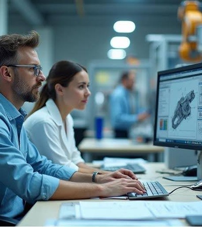 A man and a woman working on computer-aided design in an office environment.