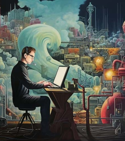 A man wearing glasses is intensely focused on his laptop in a surreal setting that blends elements of a dark, industrial cityscape with whimsical factories and glowing city lights under a swirling cloud.