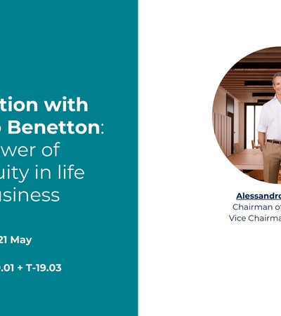 A promotional poster for a conversation with Alessandro Benetton about business and life.