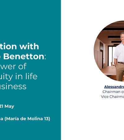 An event poster for a conversation with Alessandro Benetton about business and life.