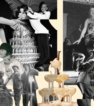 A collage of vintage black and white images featuring entertainers, musicians, and glamorous performances.