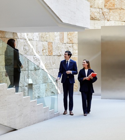 Business professionals conversing while walking down stairs in a modern architectural setting with others in the background.