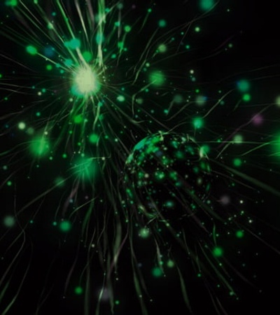 A digital illustration of green particles emerging explosively from a central point on a dark background.