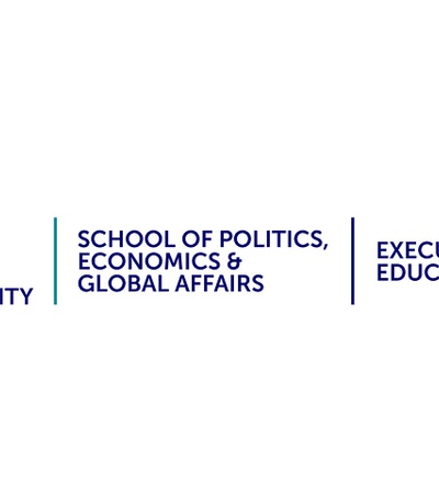 A logo representing IE University, highlighting its School of Politics, Economics & Global Affairs and Executive Education.