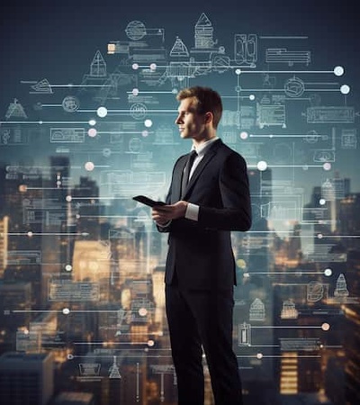 A businessman stands with a tablet in hand, facing a transparent display of digital infrastructure icons over a cityscape at night.