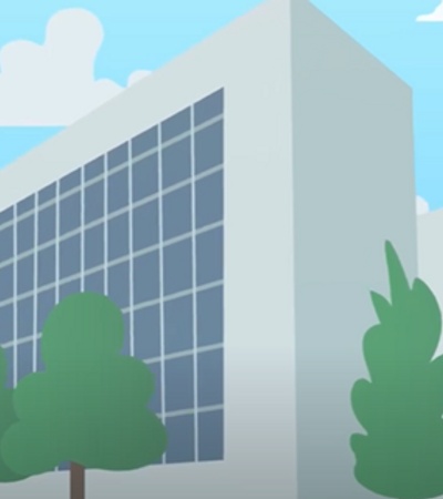 A cartoon illustration of modern buildings with large glass facades surrounded by green trees under a blue sky.