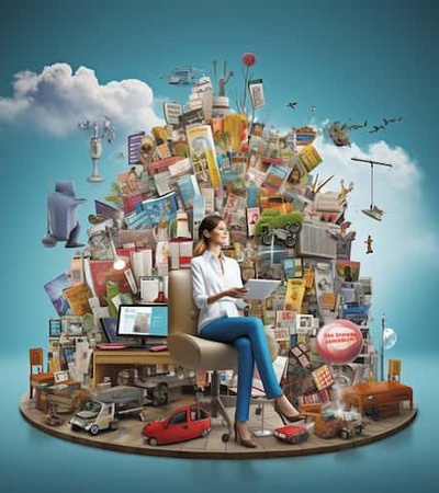 A woman sits on a chair surrounded by a chaotic swirl of various objects and media, representing information overload.
