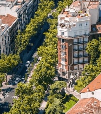 Aerial view of a cityscape showing a prominent corner building surrounded by tree-lined streets.