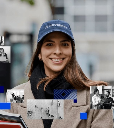 A smiling woman in a university cap, surrounded by a collage of various images.