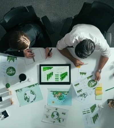 Two individuals collaborating on green project proposals at a desk filled with charts and plants.