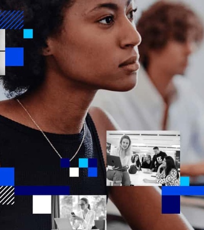 A collage image showing a young woman in a classroom setting, enhanced with abstract blue geometric shapes and smaller inset photos of various scenes.