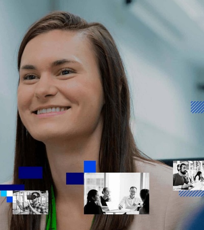 A smiling woman with various floating digital images showcasing workplace scenarios around her.