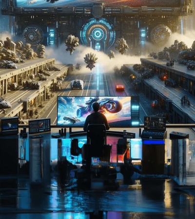 A person sits in front of a large, futuristic computer setup overlooking a vibrant, sci-fi cityscape.