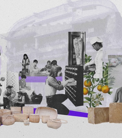 A collage image featuring diverse elements such as people in different activities, plants, and various objects, overlaid with a purple and white abstract design.