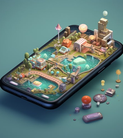 A whimsical illustration of a miniature cityscape on a smartphone, featuring playful, colorful buildings and landscapes.
