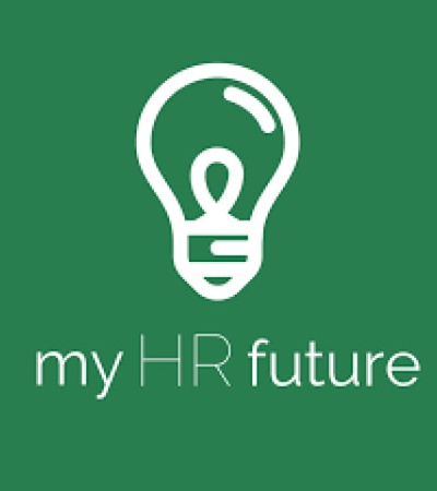 Logo of 'my HR future' featuring a light bulb graphic on a green background.