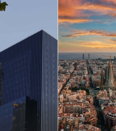 A split image featuring a modern skyscraper on the left and an aerial view of a city at sunset on the right.