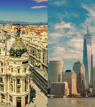 This image showcases a split view of iconic cityscapes with historic architecture on the left and modern skyscrapers on the right.