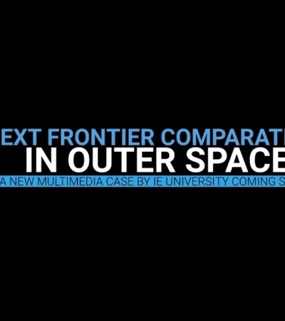An advertisement banner reading 'The Next Frontier Comparative Law in Outer Space' announcing a new multimedia case by IE University.