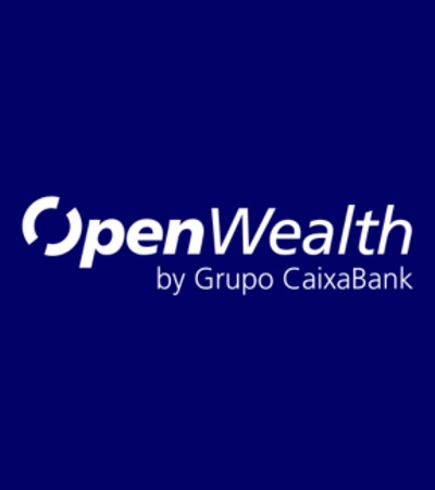 A logo featuring the text 'OpenWealth' by Grupo CaixaBank on a blue background.