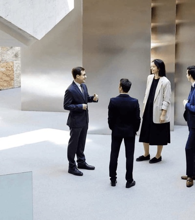 Four business professionals standing and conversing in a modern architectural setting with large columns and natural light.