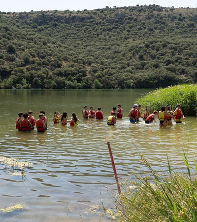 A group of people wearing life jackets enjoying a day by a calm lake surrounded by greenery.